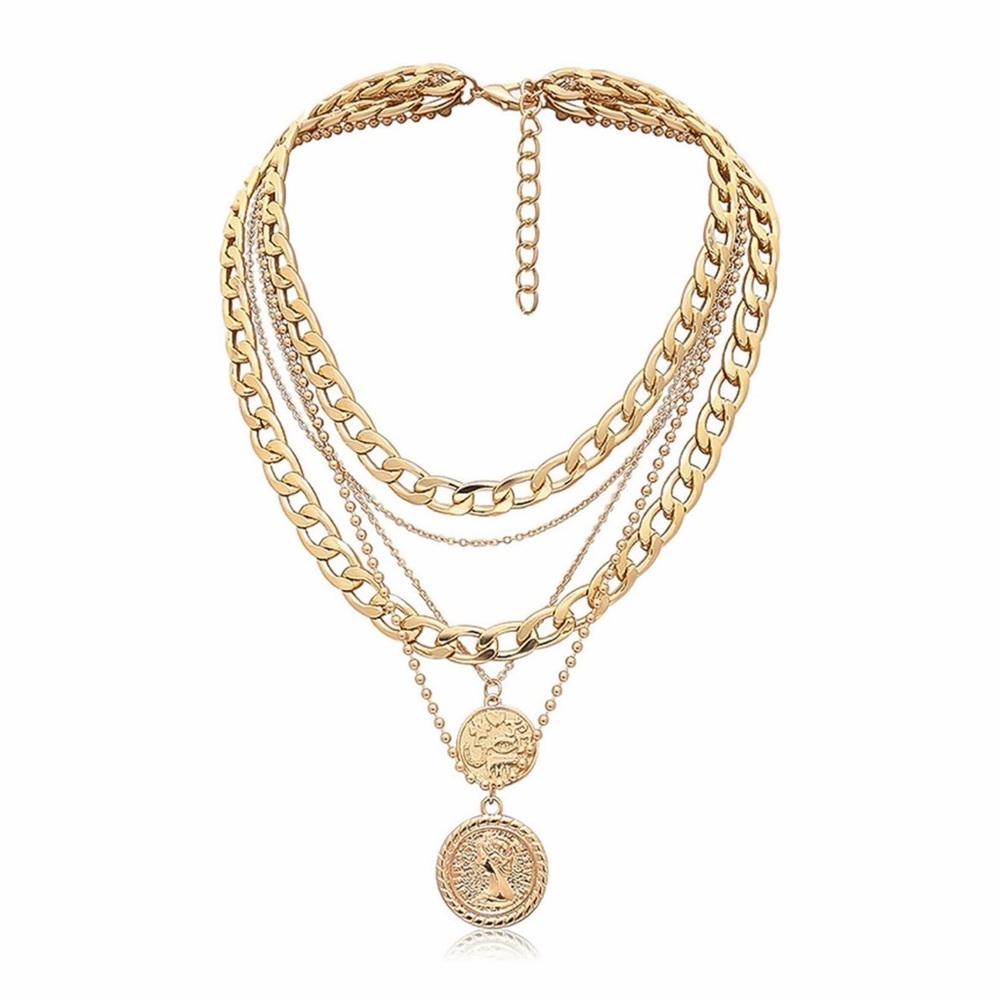 Layered Gold Coin Pendant Statment Necklace